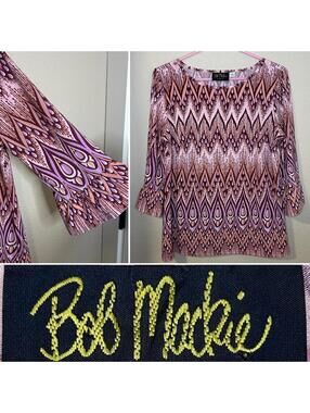 Bob Mackie Geometric Print Top Retro 70s Ruffle Sleeve Pink Purple Mod small